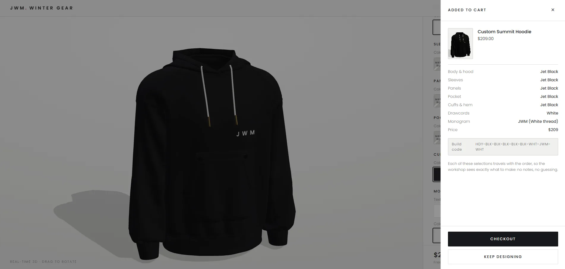 Cart drawer capturing an all-black hoodie build with white drawcords, a white chest monogram, and a build code