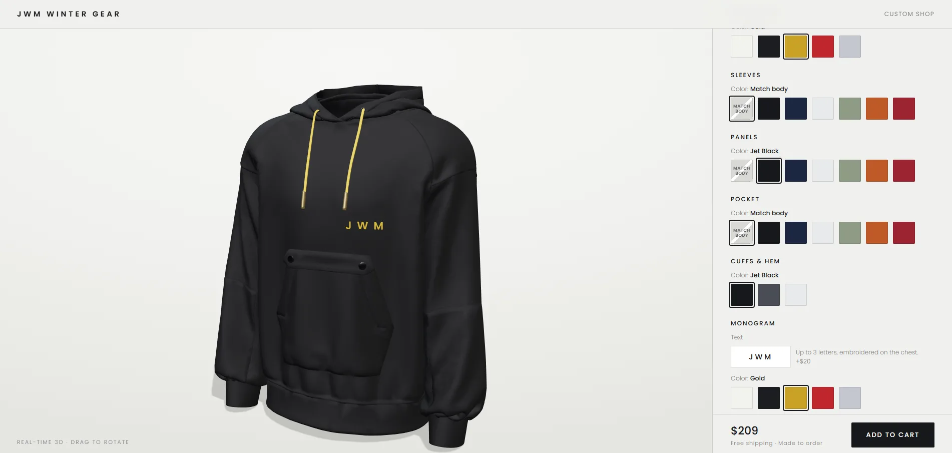 Real-time 3D product configurator showing a black hoodie with gold drawcords, a gold chest monogram, and color swatches for sleeves, panels, pocket, cuffs, and monogram thread