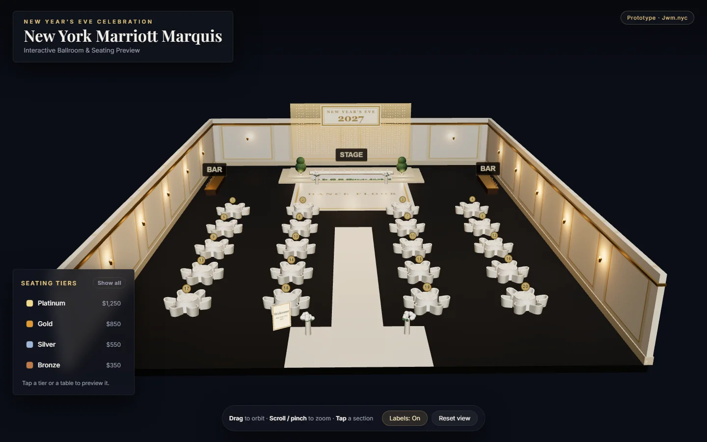 Interactive 3D model of a hotel ballroom set for a New Year's Eve event, with numbered tables and a seating tier price panel