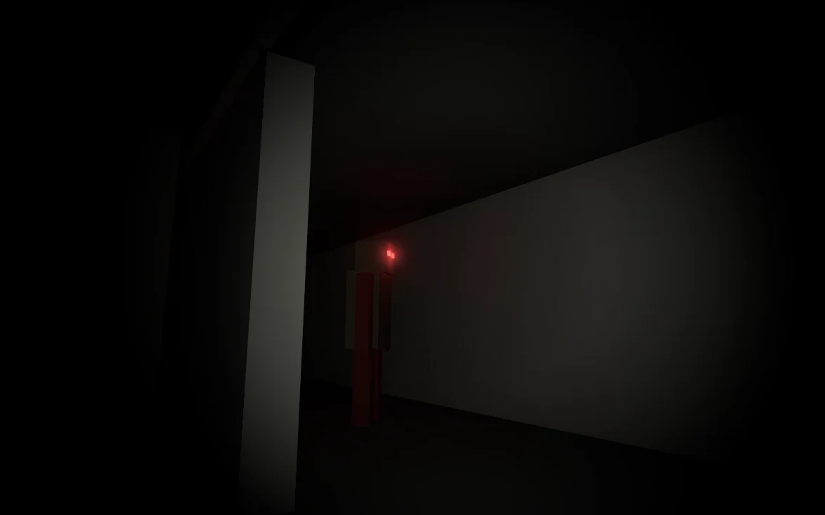 Silent Fright, a dim corridor with a red-eyed figure ahead in the dark